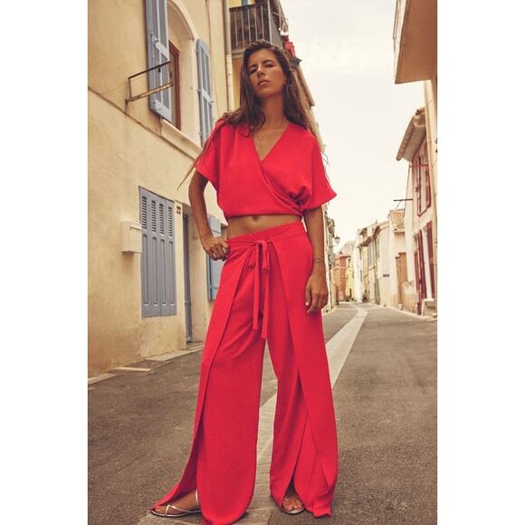 NEW ZARA Women’s Size Small Fluid Wide Leg Pareo Pants Trousers In Red NWT - Picture 1 of 7